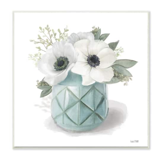 Stupell Industries Soft White Flowers in Turquoise Planter Wall Plaque